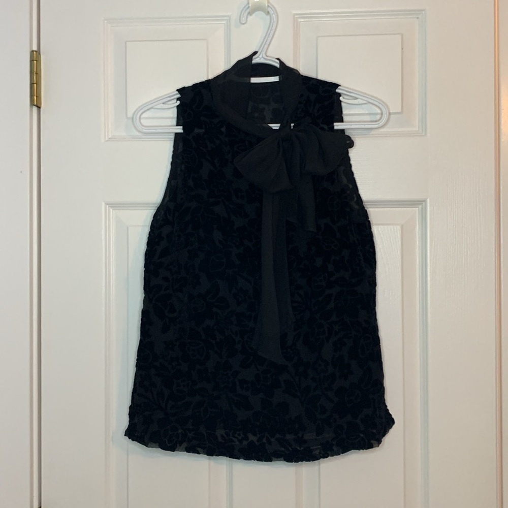Black Velvet Burnout Floral Blouse Semi Sheer Sleeveless Collared Neck Bow Party - Picture 4 of 13